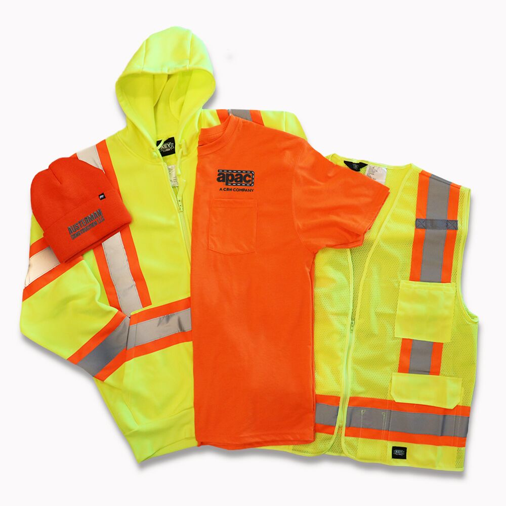KEY Apparel hi-visibility workwear that meets ANSI Class standards for safe work environments.  Hi visibility gear for your crew, custom printed in America.