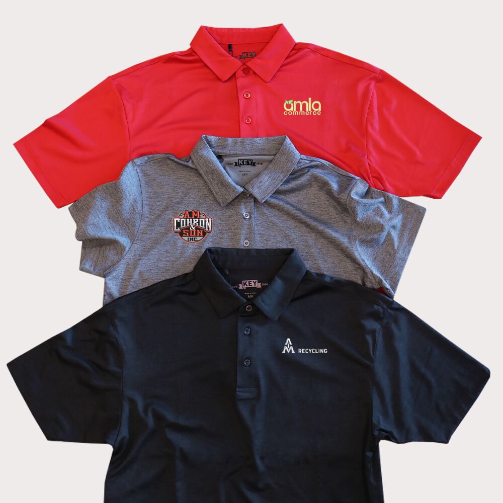 KEY Apparel polos for men and women. Custom printed and embroidered polos for your business.