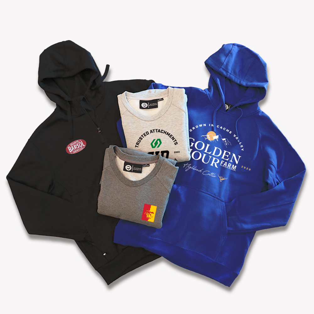 Custom printed hoodies and crew sweatshirts. Fleece hoodies by KEY Apparel for your business, team, school sports and events.